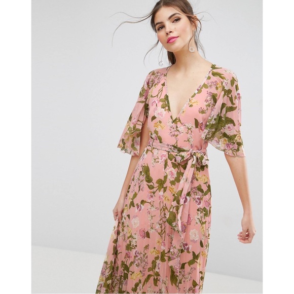 ASOS Floral Pleated Flutter Sleeve Maxi Dress Size 2 Pink Terracotta Rose Design - Picture 3 of 13